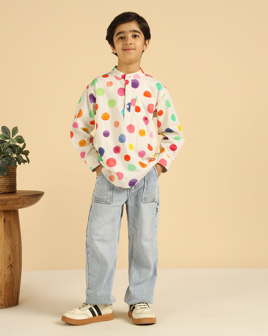 Pure Cotton Multi Color Polka Printed Boys Kurta