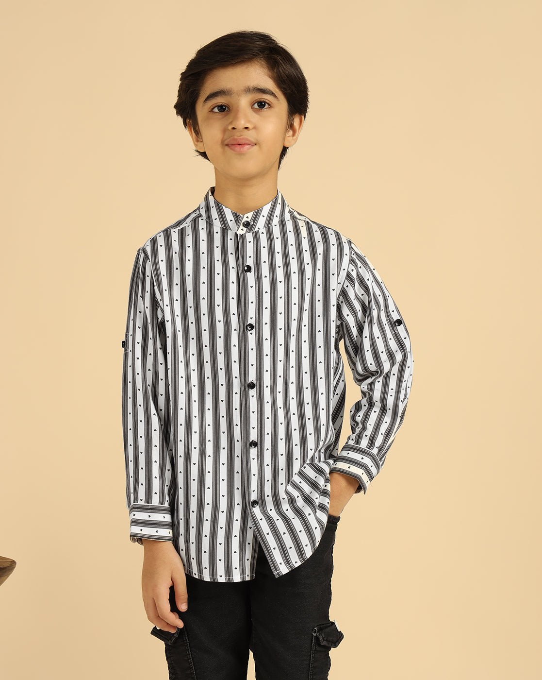 Black Striped Heart Printed Boys Shirt