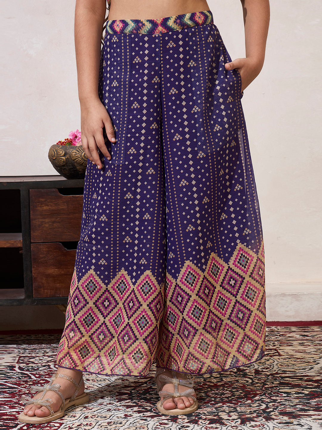 Girl's Purple B&hani Print Chiffon Peplum Top & Palazzo Set