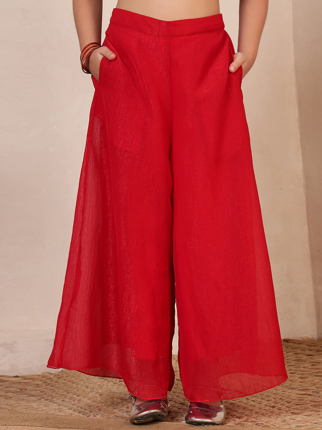 Red Shimmer Peplum Top & Palazzos With Dupatta Fusion Co-Ord Set