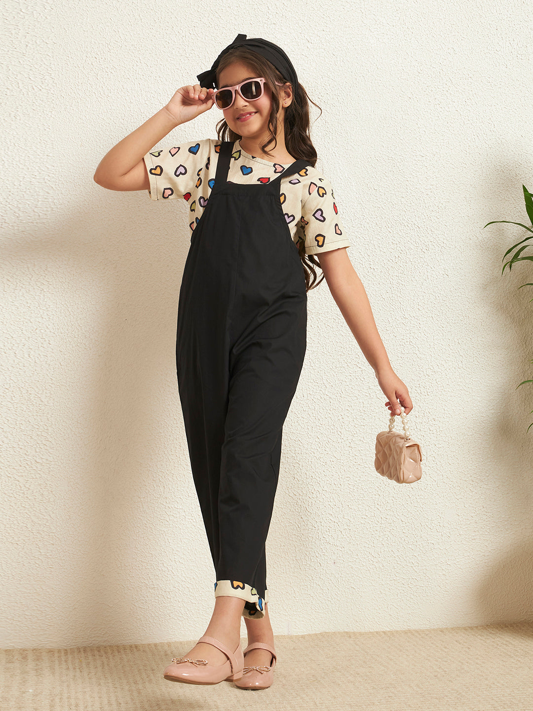 Black Cotton Poplin Jumpsuit With Heart Print Tshirt- 2 Piece Set