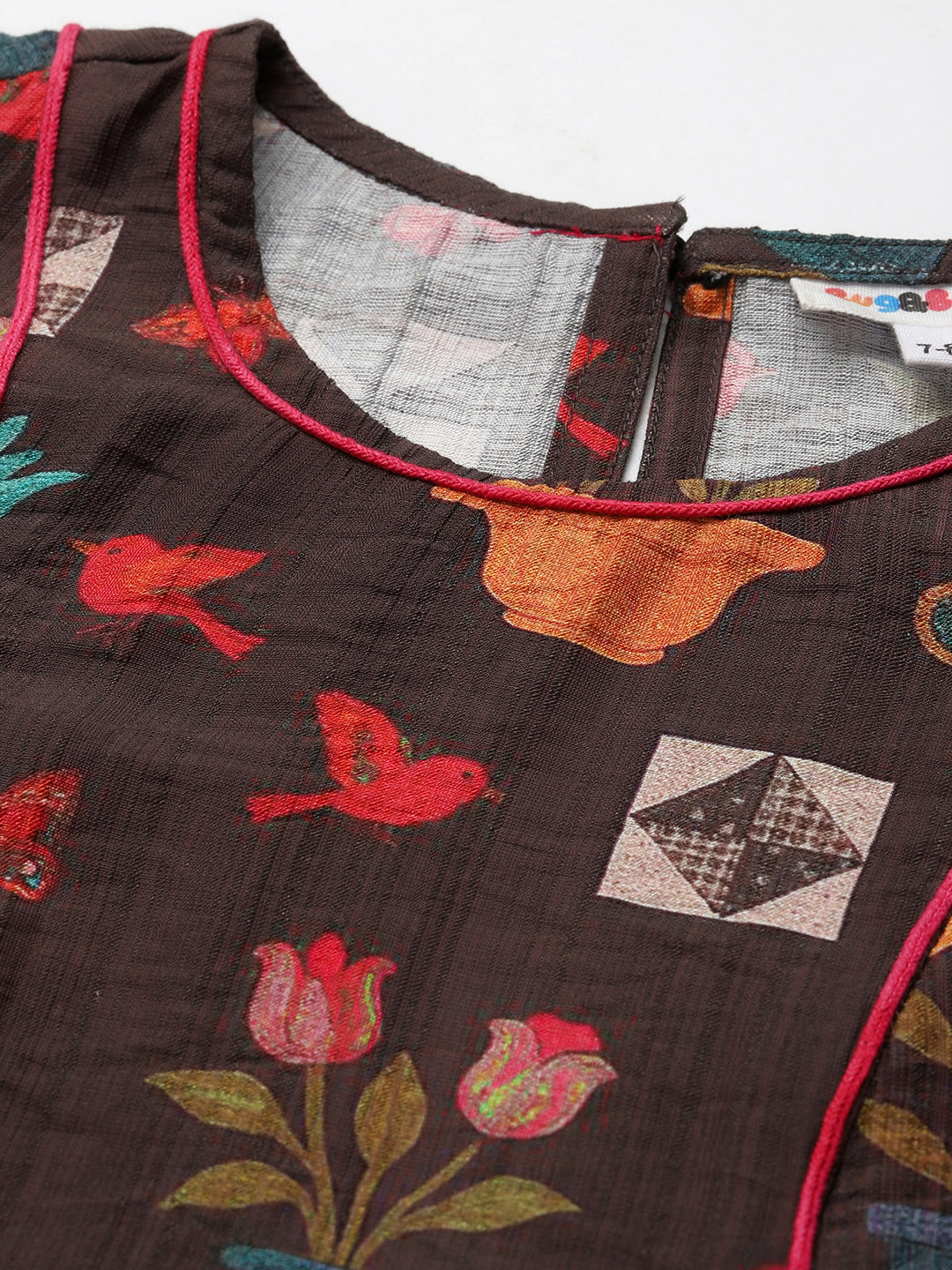 Brown Multi Color Floral Panel Girls Dress