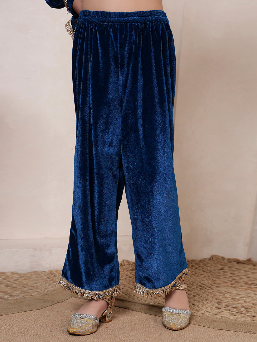 Teal Blue Velvet Band Collar Kurta Set