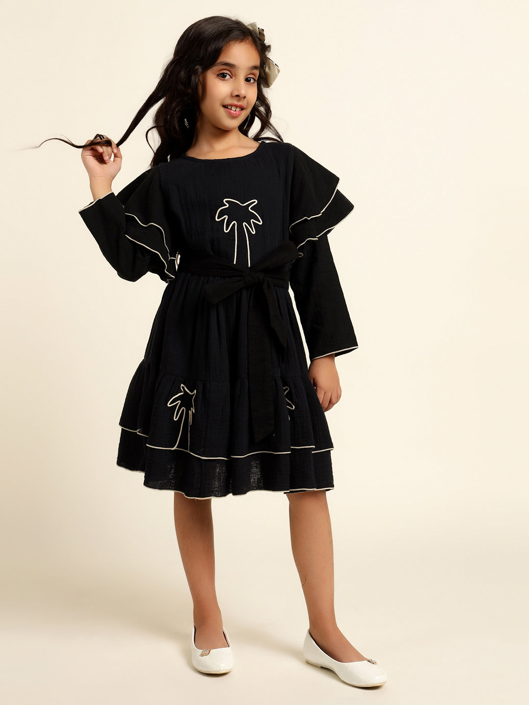 Black Embroidered Palm Motif Pure Cotton Dress For Girl