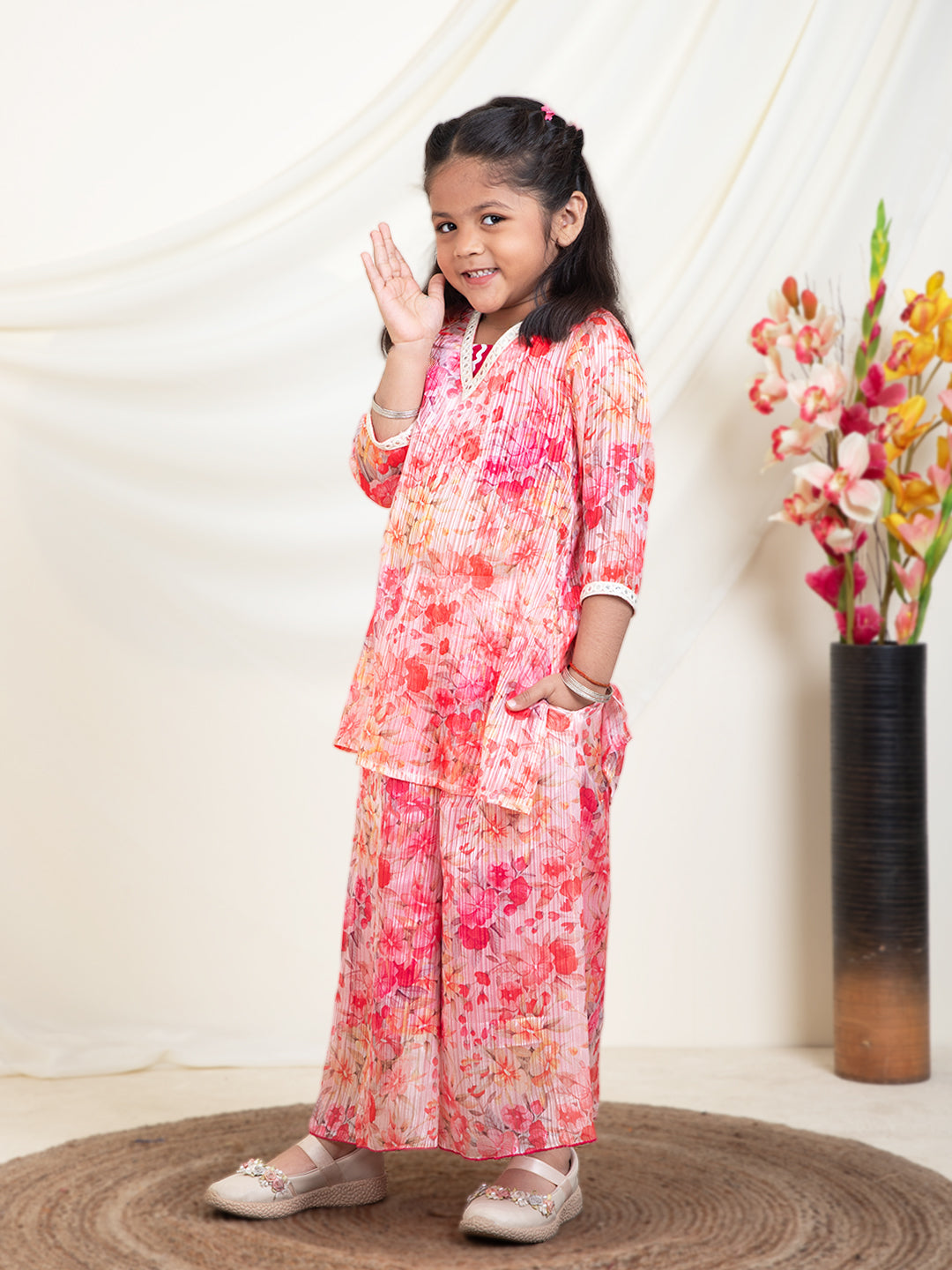 Floral Print Kurti & Palazzos With Inner Top