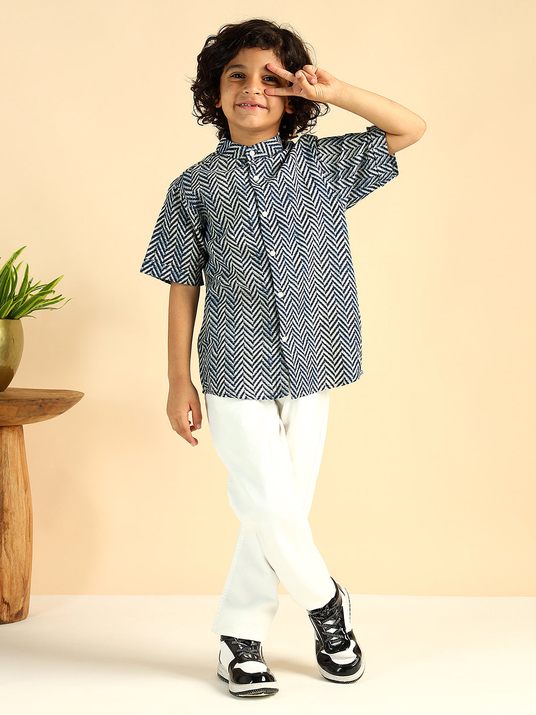 Blue Zig-Zag Pure Cotton Casual Boys Shirt