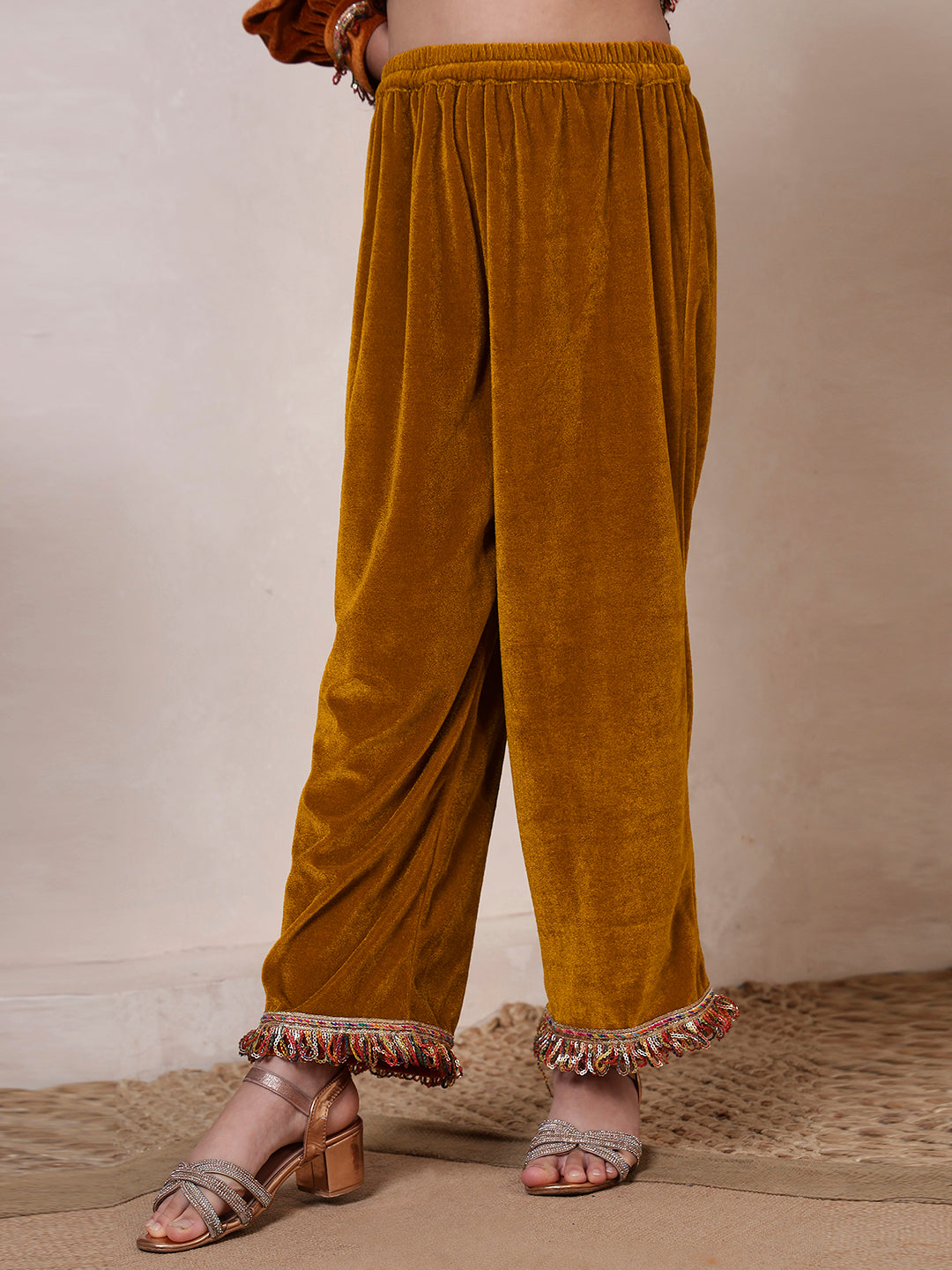 Mustard Velvet Band Collar Kurta Set