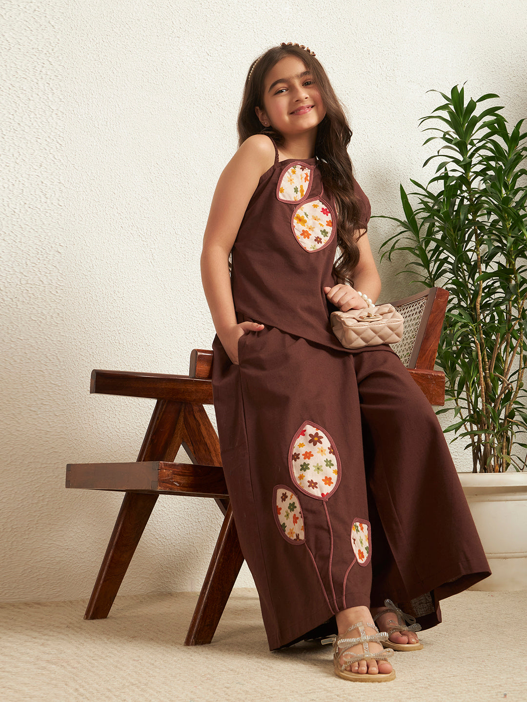 Brown Cotton Flex Solid One-Shoulder Patch Work Girls Co-Ord Set