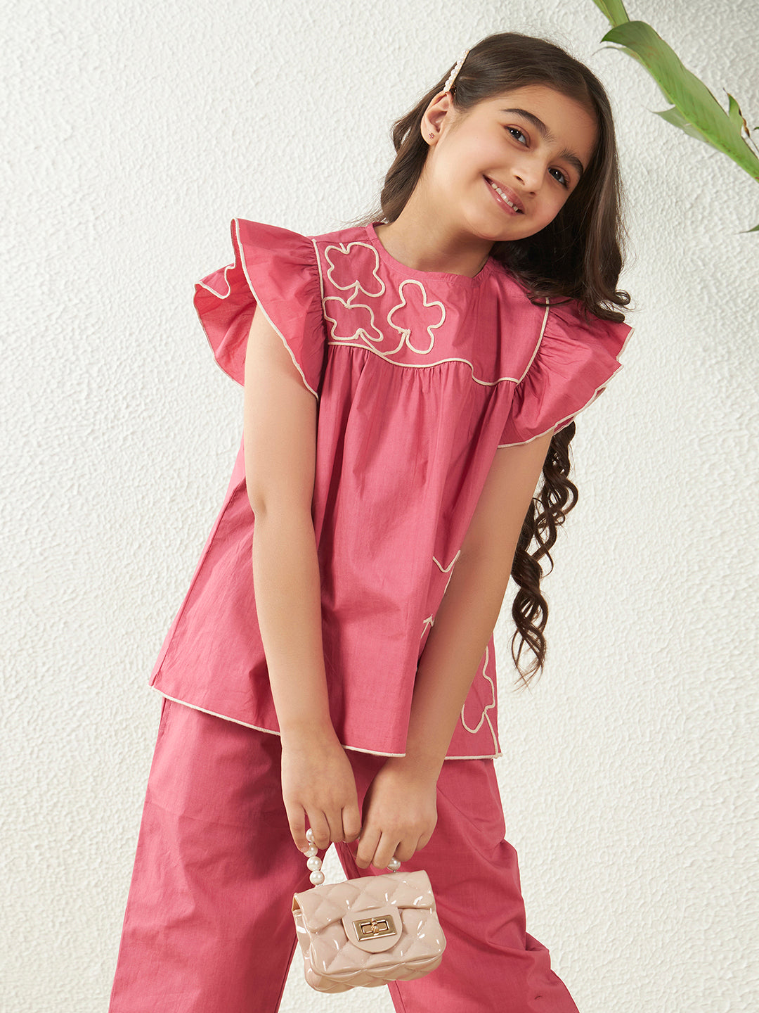 Girls Pink Cotton Poplin Dori Work Top & Frill Pant Co-Ord Set
