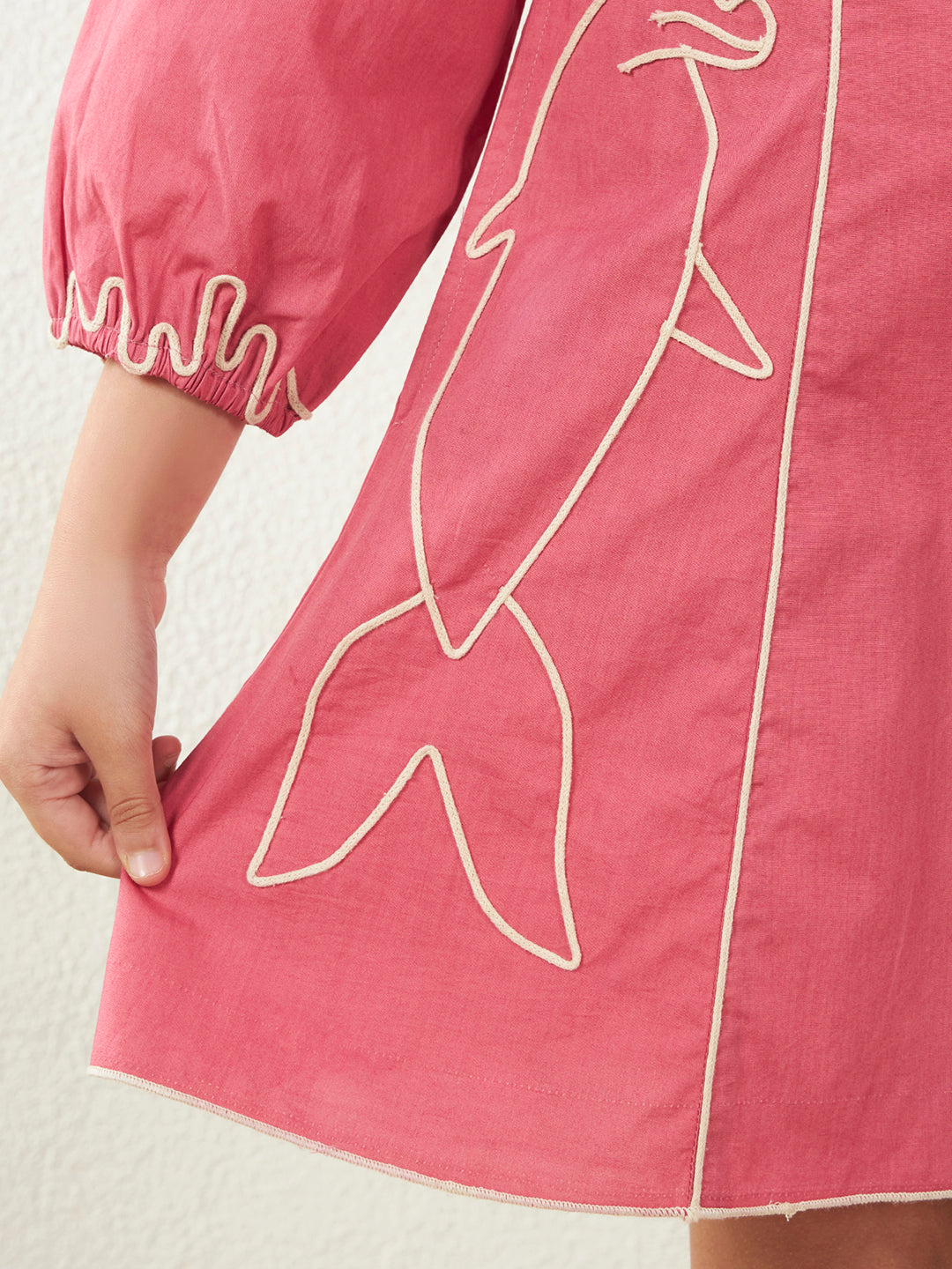 Pink Cotton Round Neck Fish Motif Above Knee Length Dress