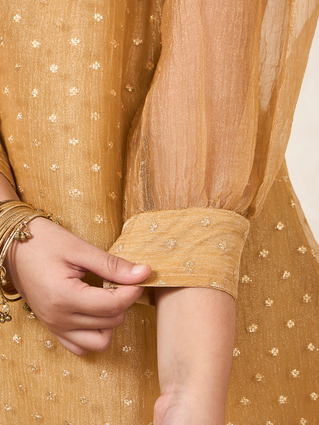 Golden Shimmer Butti Work Gathered Neck Kurta With Pant