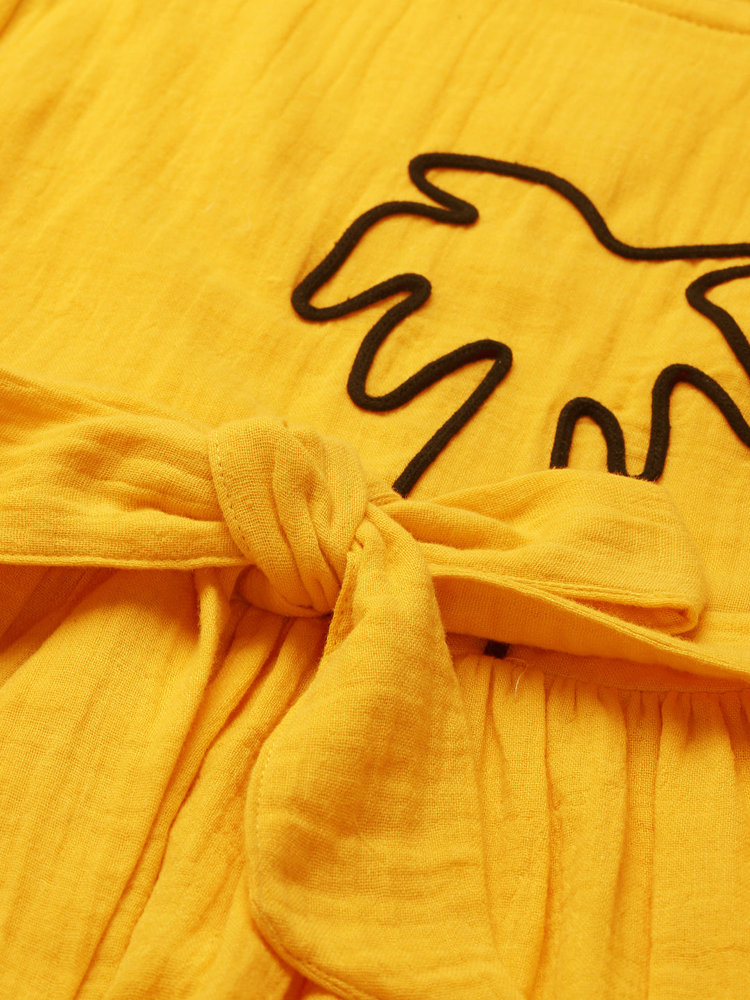 Yellow Embroidered Palm Motif Pure Cotton Gauze Girls Dress