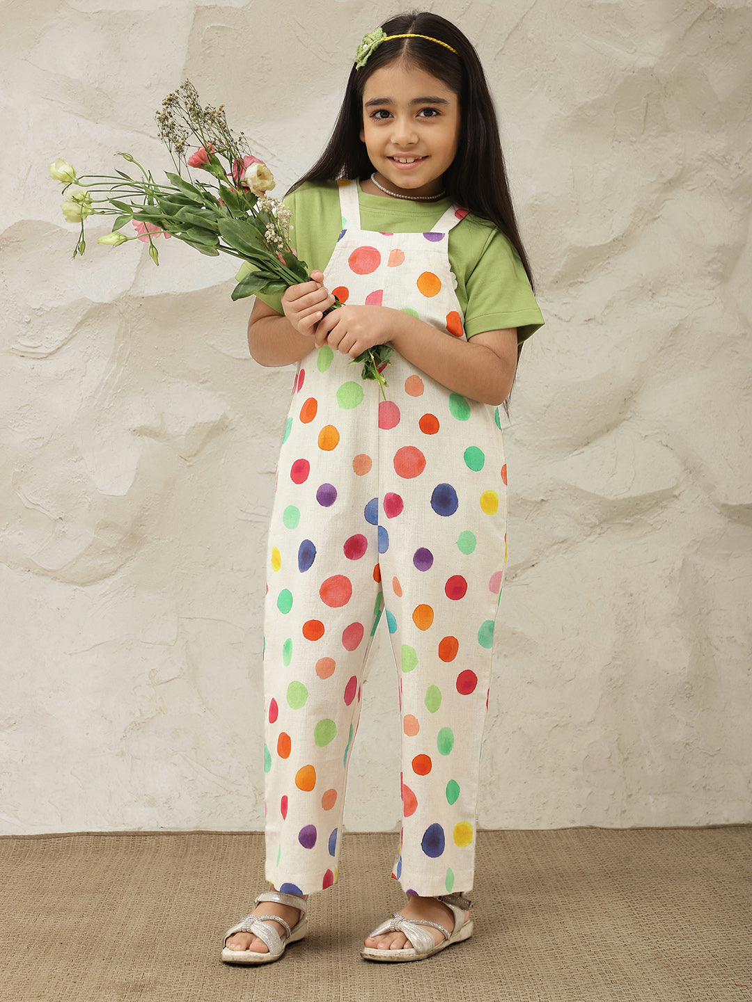 Multicolor Pure Cotton Polka Dots Jumpsuit (T-shirt not included)
