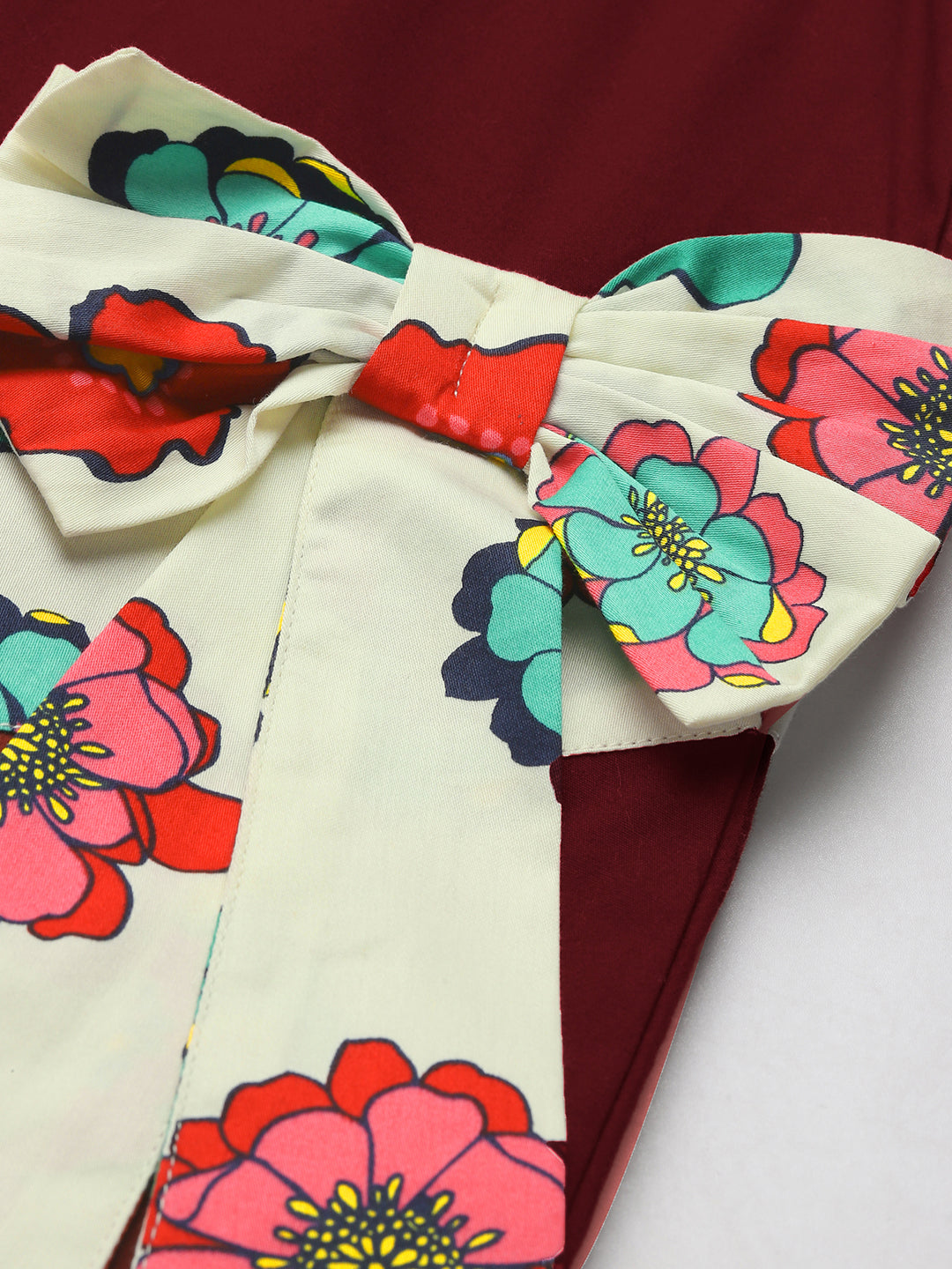 Wine With Floral Printed Bow Style Girls Dress
