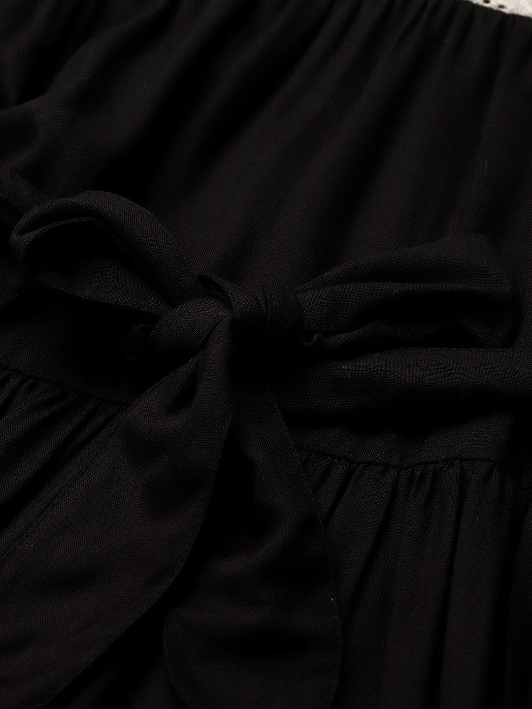 Pure Cotton Embroidered Schiffli Black Tiered Girls Dress