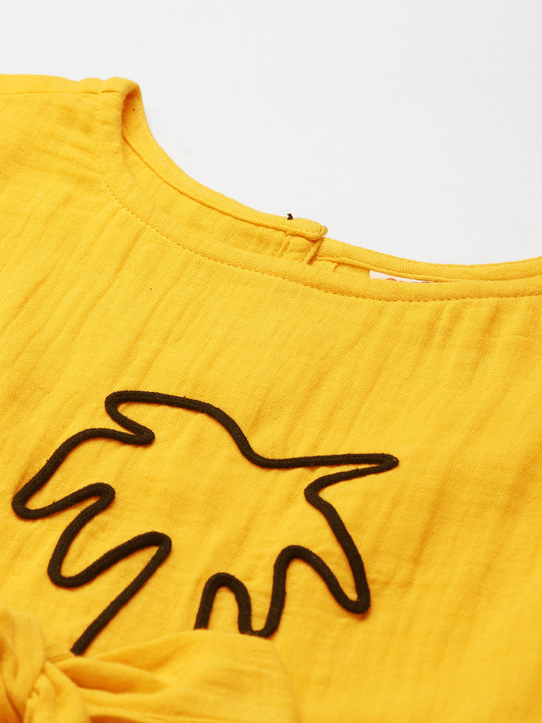 Yellow Embroidered Palm Motif Pure Cotton Gauze Girls Dress