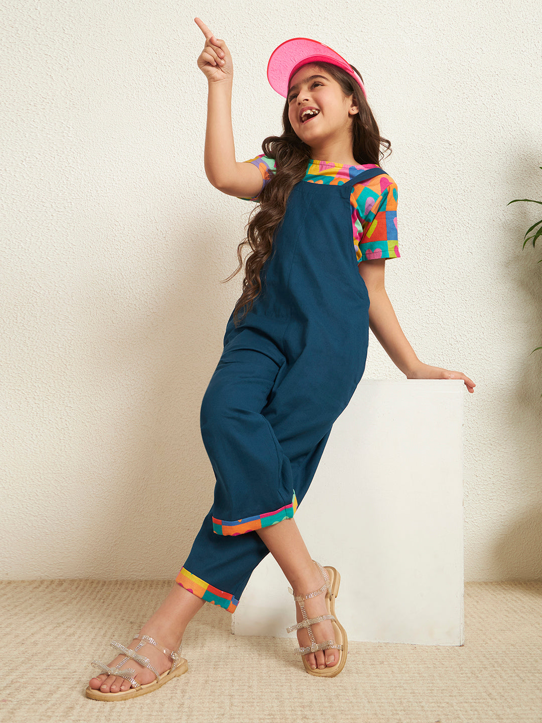 Teal Blue Cotton Poplin Heart Print With Solid Pattern Girl's Jumpsuit Set