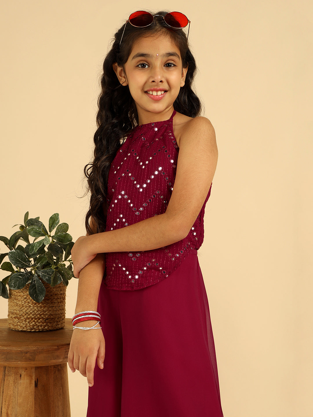 Magenta Embroidered Top With Sharara Girls Co-Ord Set