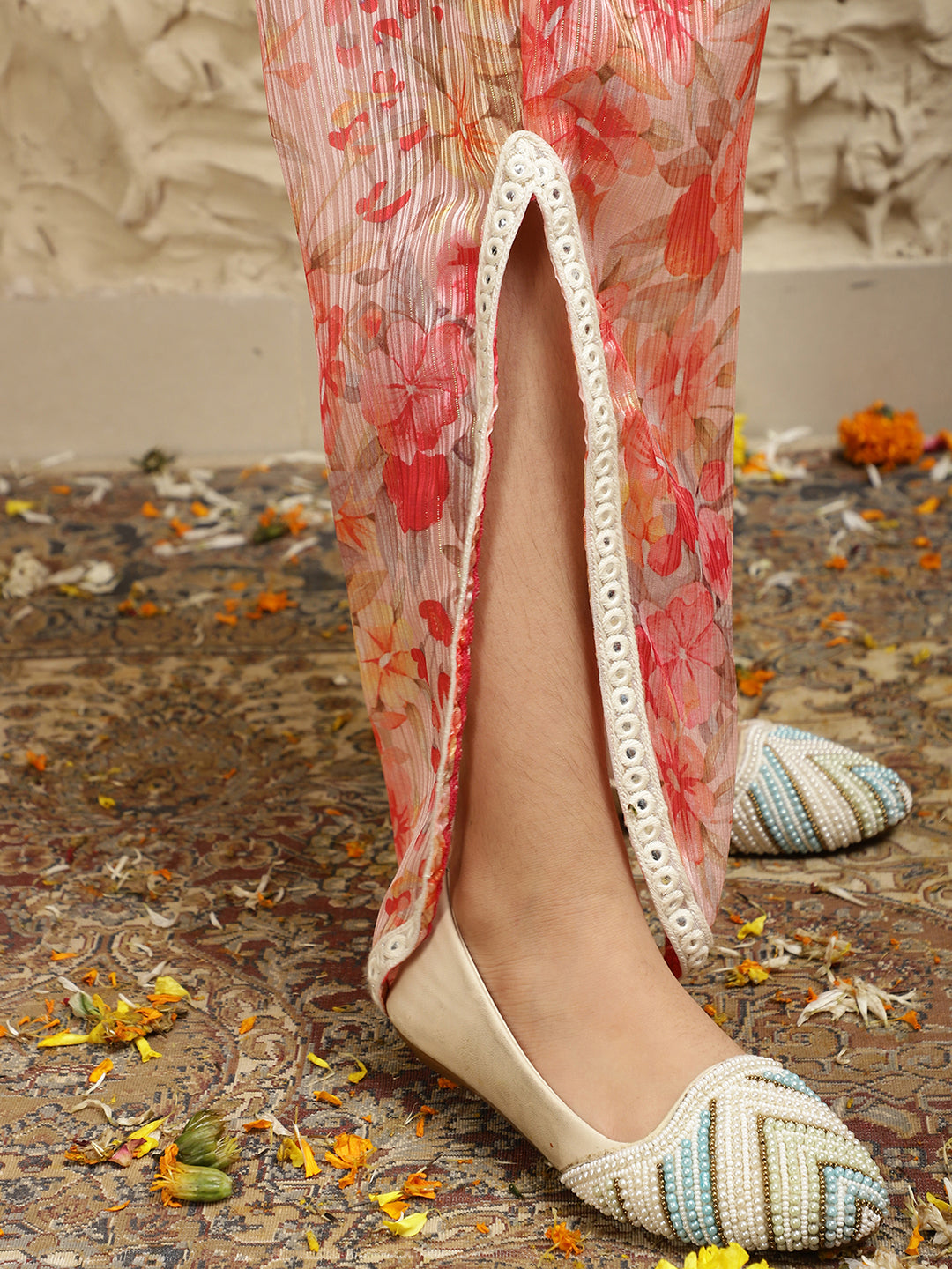 Halter Neck Pure Georgette Peplum Top With Slit Pants