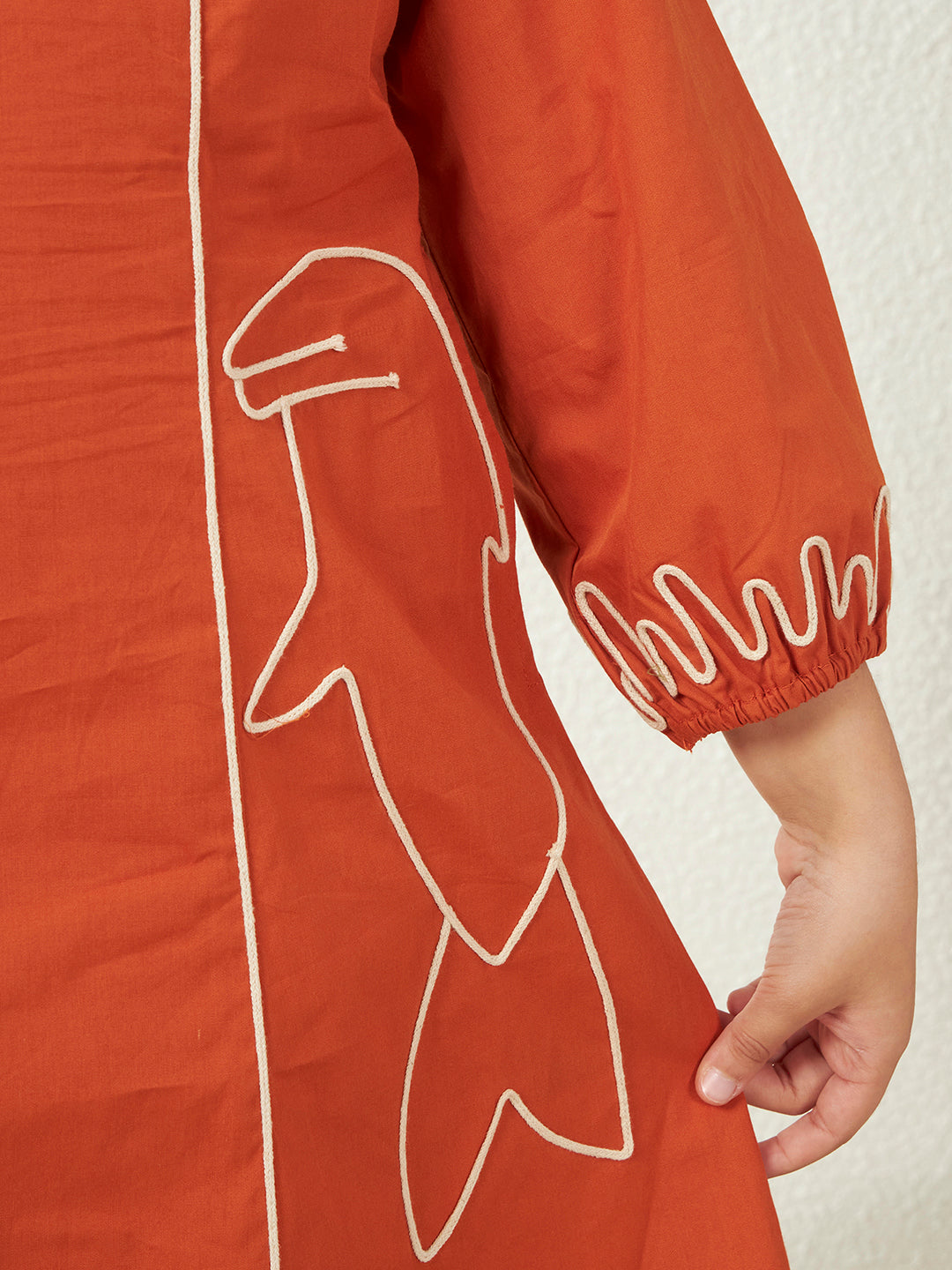 Tan Cotton Round Neck Fish Motif Above Knee Length Dress