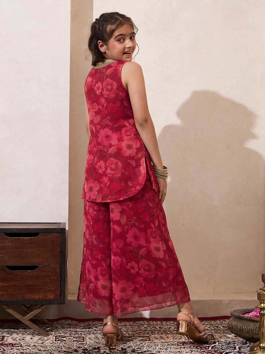 Magenta Floral Print Chiffon Angrakha & Palazzo Set