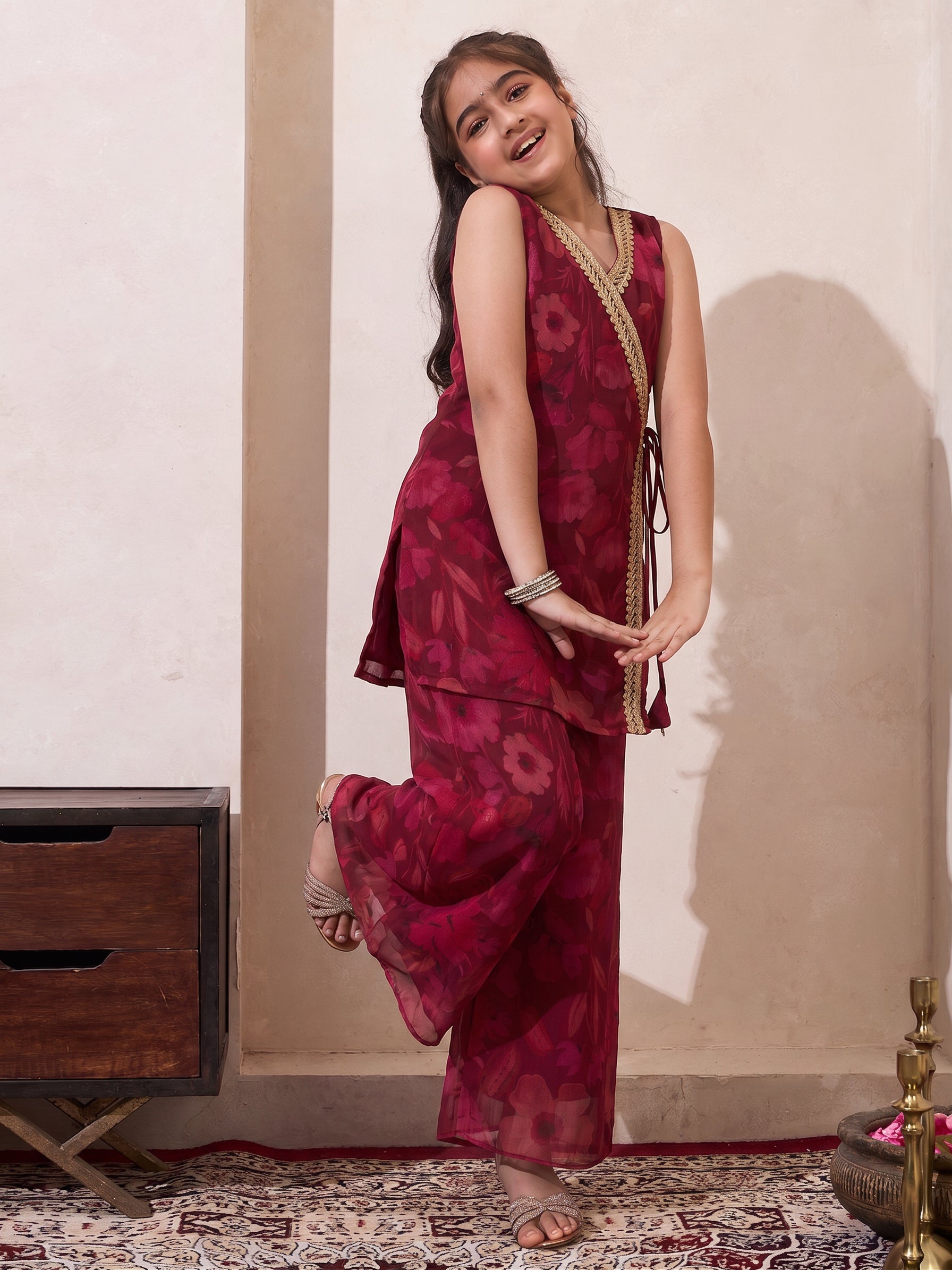 Magenta Floral Print Chiffon Angrakha & Palazzo Set