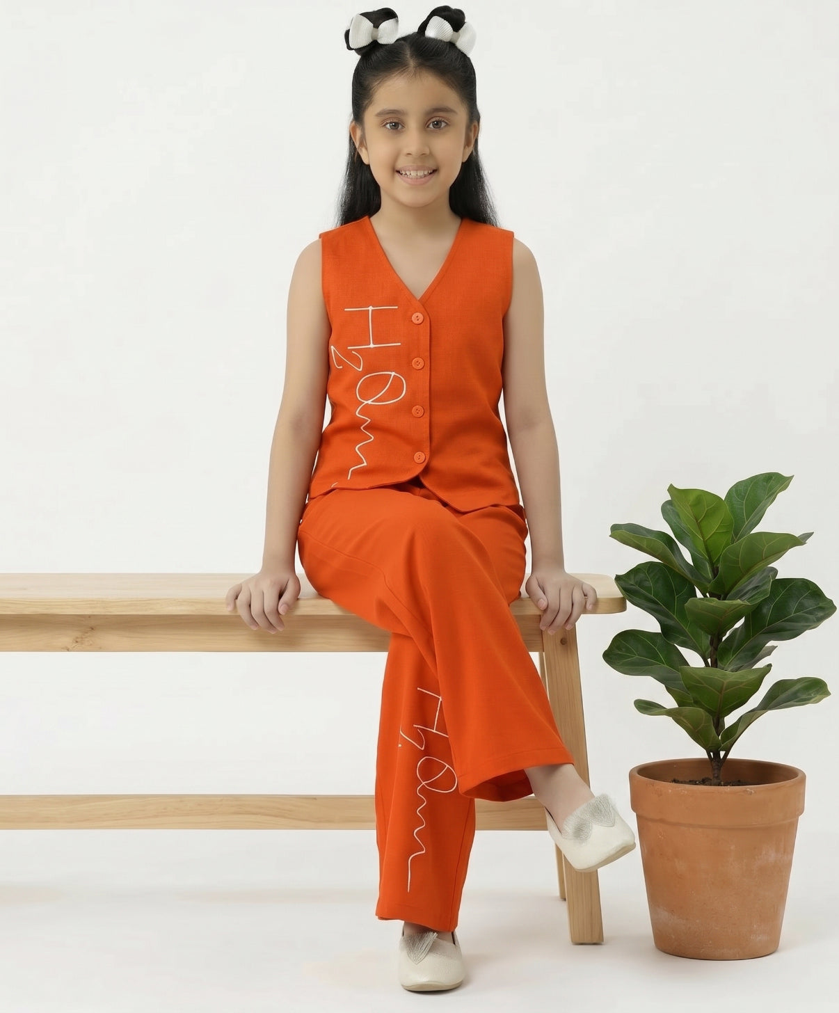 Orange Cotton  V-Neck Embroidered Waistcoat With Palazzo Co-ord Set For Girls