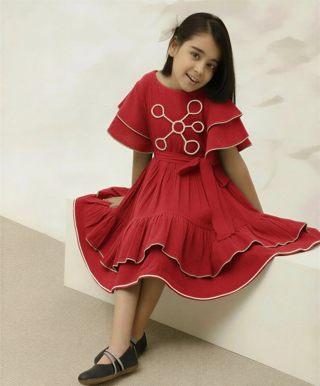 Red Cotton Round Neck Bell Sleeve Above Knee Length Dress For Girls